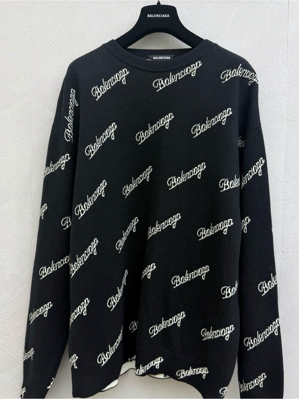 Balenciaga Black Crewneck Sweater with White All-Over Logo - Picture 2 of 6
